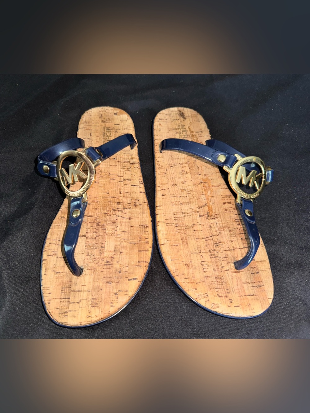 Michael Kors Navy Jelly Thong Sandals with Gold MK Medallion